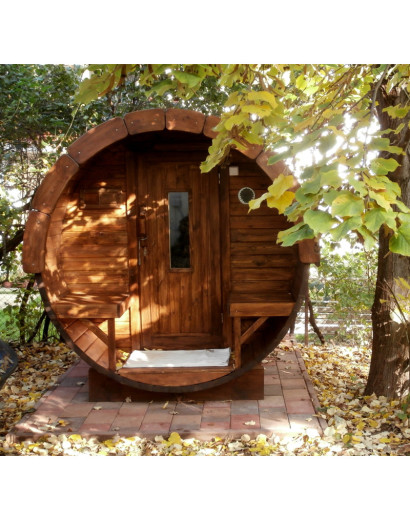 3,5m long Thermowood Barrel Sauna (Ø 2.27 m) with changing room