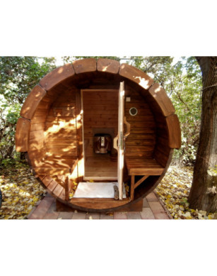 3,5m long Thermowood Barrel Sauna (Ø 2.27 m) with changing room