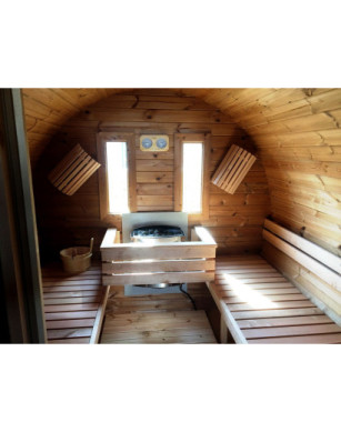 3,5m long Thermowood Barrel Sauna (Ø 2.27 m) with changing room