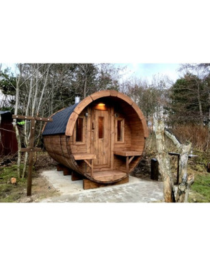 3,5m long Thermowood Barrel Sauna (Ø 2.27 m) with changing room
