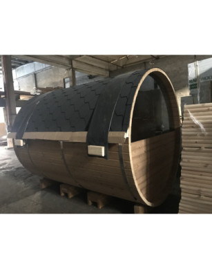 3,5m long Thermowood Barrel Sauna (Ø 2.27 m) with changing room