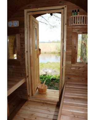 3,5m long Thermowood Barrel Sauna (Ø 2.27 m) with changing room