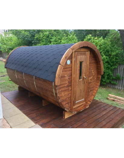 4,5m long Pine Barrel Sauna (Ø 1,97 m) with changing room