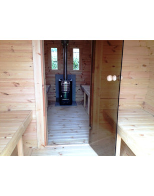 4,5m long Pine Barrel Sauna (Ø 1,97 m) with changing room