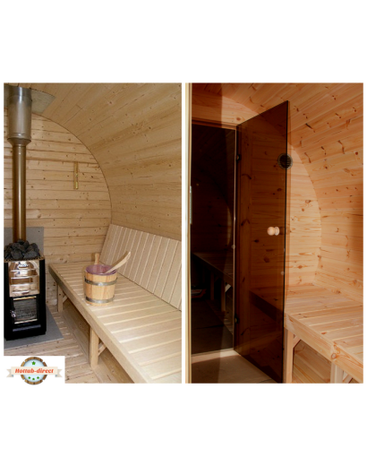 3,5m long Pine Barrel Sauna (Ø 2.27 m) with changing room