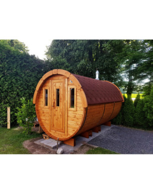 3,5m long Pine Barrel Sauna (Ø 2.27 m) with changing room
