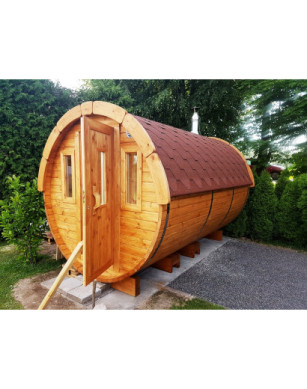 3,5m long Pine Barrel Sauna (Ø 2.27 m) with changing room