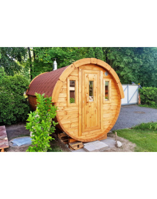 3,5m long Pine Barrel Sauna (Ø 2.27 m) with changing room