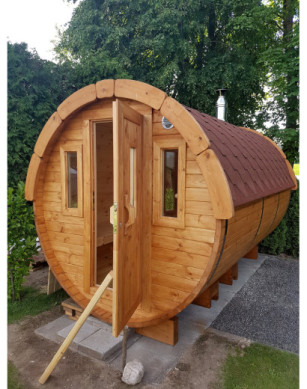 3,5m long Pine Barrel Sauna (Ø 2.27 m) with changing room
