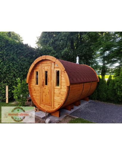 3,5m long Pine Barrel Sauna (Ø 1.97 m) with changing room