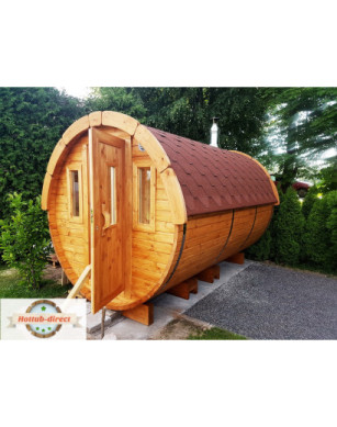 3,5m long Pine Barrel Sauna (Ø 1.97 m) with changing room