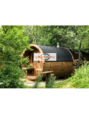 3,5m long Pine Barrel Sauna (Ø 1.97 m) with changing room