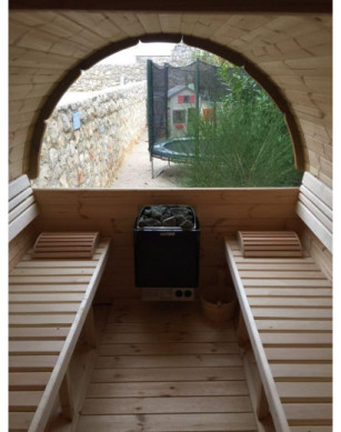 3,5m long Pine Barrel Sauna (Ø 1.97 m) with changing room