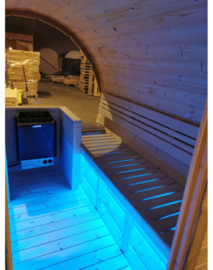 3,5m long Pine Barrel Sauna (Ø 1.97 m) with changing room