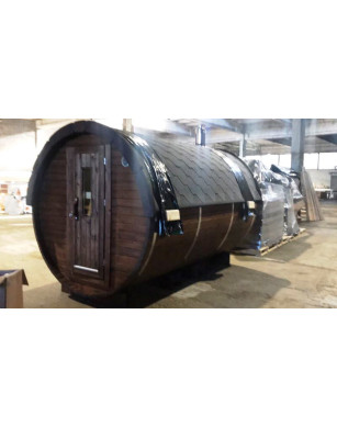 3,5m long Pine Barrel Sauna (Ø 1.97 m) with changing room