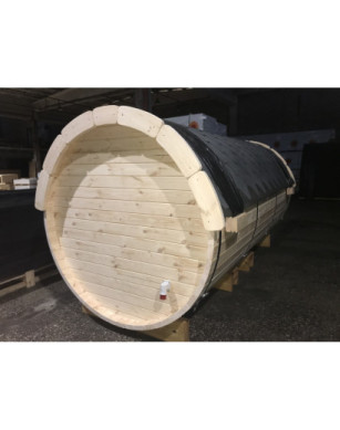 3,5m long Pine Barrel Sauna (Ø 1.97 m) with changing room