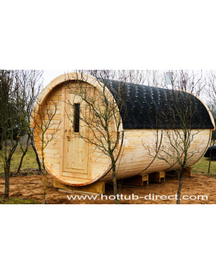4,5m long Pine Barrel Sauna (Ø 2,27 m) with changing room