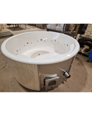 WHITE GLASS FIBER HOTTUB WITH INTEGRATED WOODEN FIRED HEATER IN STOCK