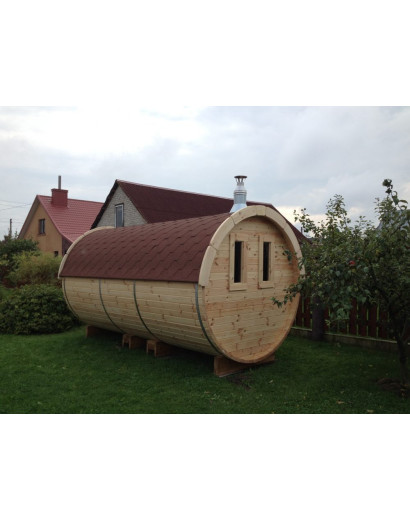 4,8m long Pine Barrel Sauna (Ø 1,97 m) with changing room