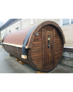 4,8m long Pine Barrel Sauna (Ø 1,97 m) with changing room