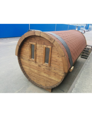 4,8m long Pine Barrel Sauna (Ø 1,97 m) with changing room