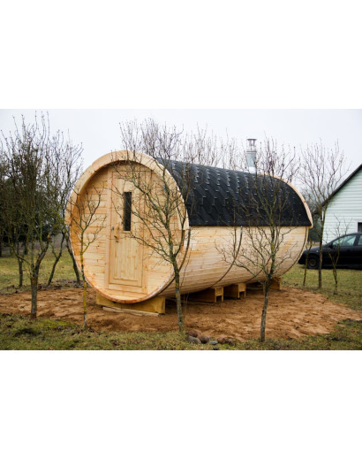 4,8m long Pine Barrel Sauna (Ø 2,27 m) with changing room