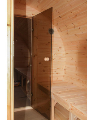 4,8m long Pine Barrel Sauna (Ø 2,27 m) with changing room