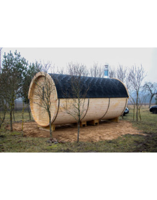 4,8m long Pine Barrel Sauna (Ø 2,27 m) with changing room