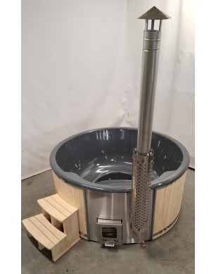 GREY GLASS FIBER HOTTUB WITH INTEGRATED WOODEN FIRED HEATER IN STOCK