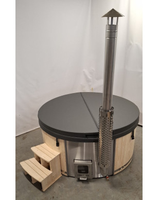 GREY GLASS FIBER HOTTUB WITH INTEGRATED WOODEN FIRED HEATER IN STOCK