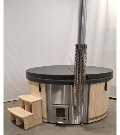GREY GLASS FIBER HOTTUB WITH INTEGRATED WOODEN FIRED HEATER IN STOCK