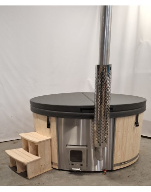 GREY GLASS FIBER HOTTUB WITH INTEGRATED WOODEN FIRED HEATER IN STOCK