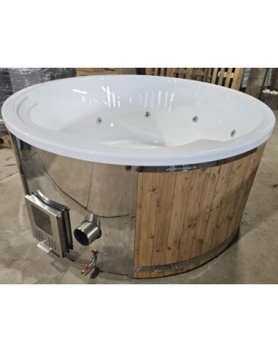 WHITE ACRYLIC HOTTUB WITH INTEGRATED WOODEN FIRED HEATER IN STOCK