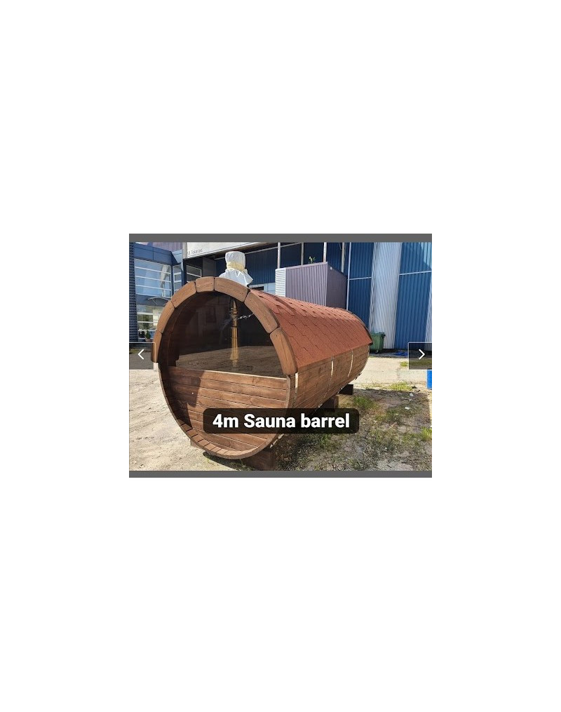 4,0m long Pine Barrel Sauna (Ø 1.97 m) with changing room IN STOCK 4,0m long Pine Barrel Sauna (Ø 1.97 m) with changing room IN STOCK