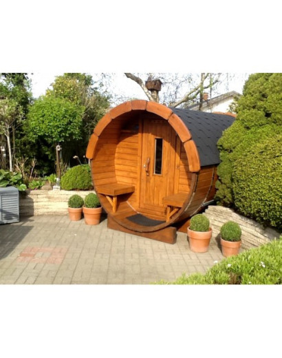 4,0m long Pine Barrel Sauna (Ø 2.27 m) with changing room