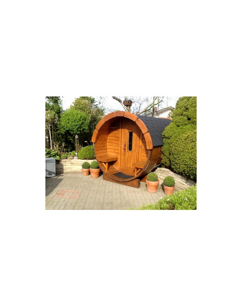 4,0m long Pine Barrel Sauna (Ø 2.27 m) with changing room 4,0m long Pine Barrel Sauna (Ø 2.27 m) with changing room