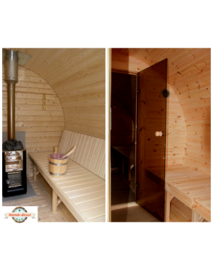 4,0m long Pine Barrel Sauna (Ø 2.27 m) with changing room