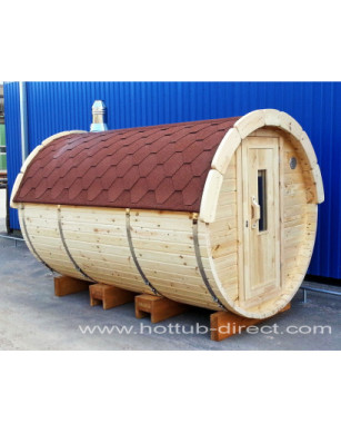 4,0m long Pine Barrel Sauna (Ø 2.27 m) with changing room