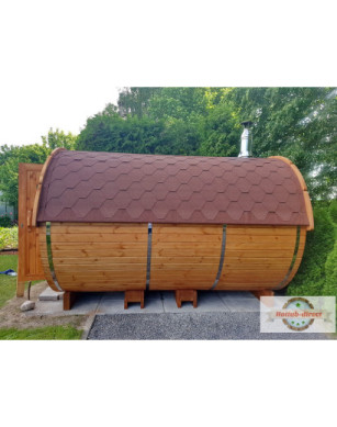 4,0m long Pine Barrel Sauna (Ø 2.27 m) with changing room