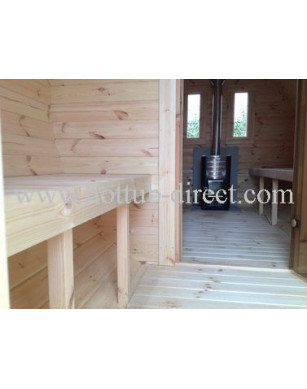 4,0m long Pine Barrel Sauna (Ø 2.27 m) with changing room