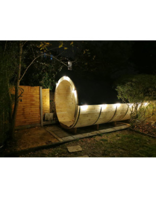 4,0m long Pine Barrel Sauna (Ø 2.27 m) with changing room