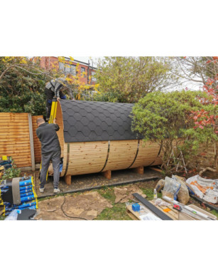 4,0m long Pine Barrel Sauna (Ø 2.27 m) with changing room