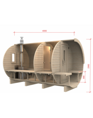 4,0m long Pine Barrel Sauna (Ø 2.27 m) with changing room