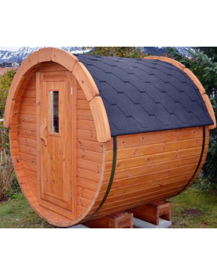 1,7m long Barrel Sauna (Ø 1.97 m) with wood burning heater