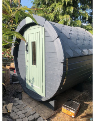 1,7m long Barrel Sauna (Ø 1.97 m) with wood burning heater