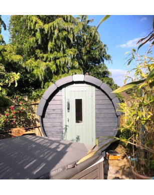 1,7m long Barrel Sauna (Ø 1.97 m) with wood burning heater