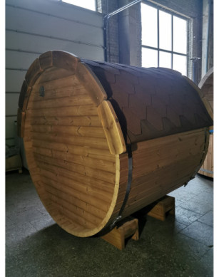 1,7m long Barrel Sauna (Ø 1.97 m) with wood burning heater