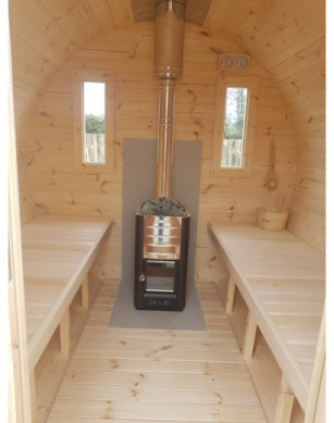 1,7m long Barrel Sauna (Ø 1.97 m) with wood burning heater