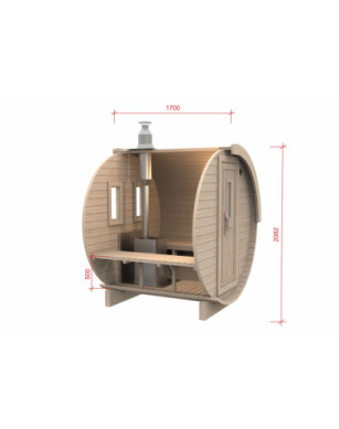 1,7m long Barrel Sauna (Ø 1.97 m) with wood burning heater