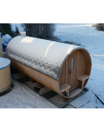 4,8m long Thermowood Barrel Sauna (Ø 2,27 m) with changing room